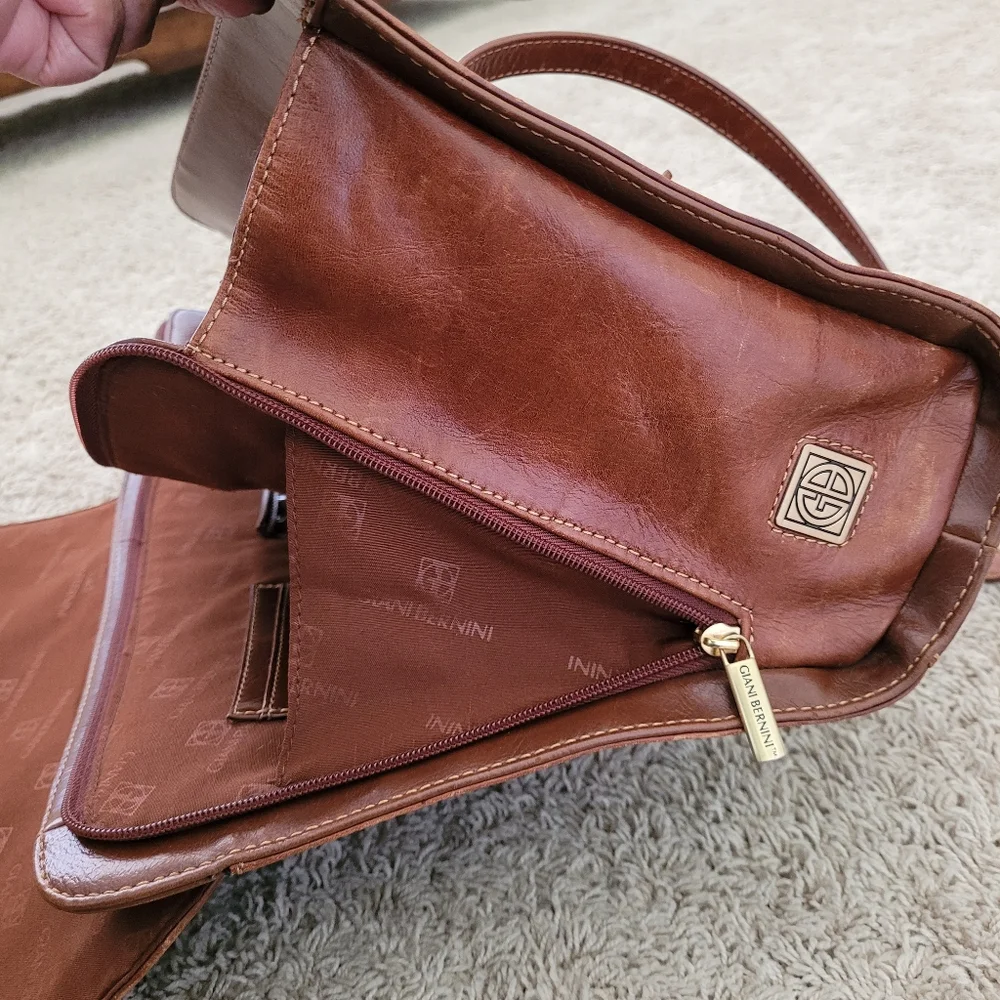 GIANI BERNINI Leather Laptop Bag Briefcase Brown Buckle Distressed Travel Work